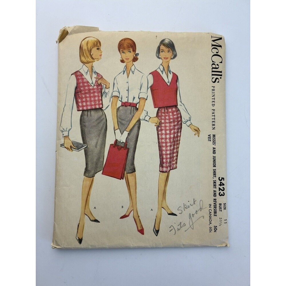 Shirt Vest Skirt 3-Gore V-neck Uncut Pattern 5423 Vtg 60s Junior Teen Size 11